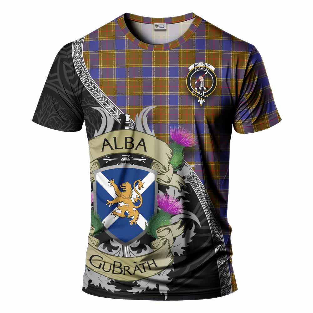 Tartan Vibes Clothing Balfour Tartan Family Crest T-Shirt Lion Rampant Royal Thistle Shield Celtic Inspired