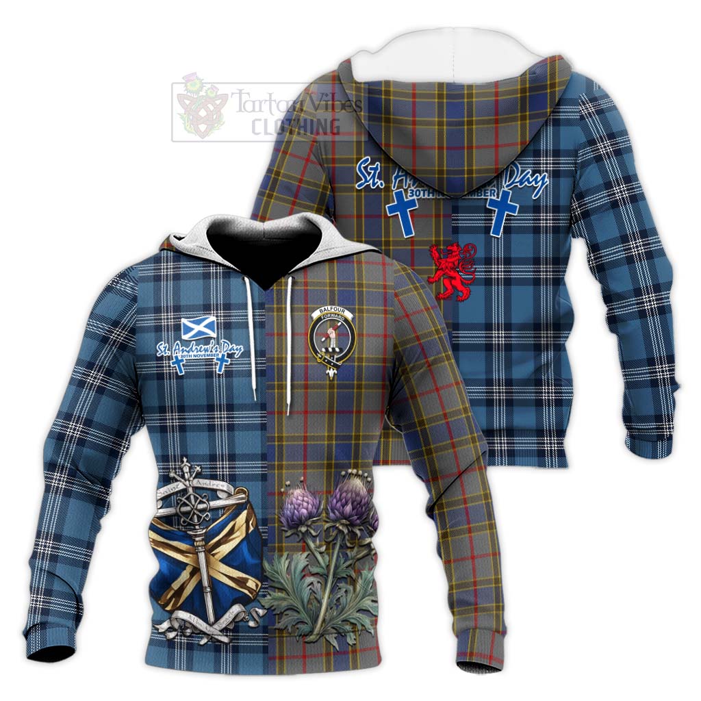Tartan Vibes Clothing Balfour Tartan Knitted Hoodie Happy St. Andrew's Day Half Tartan Style