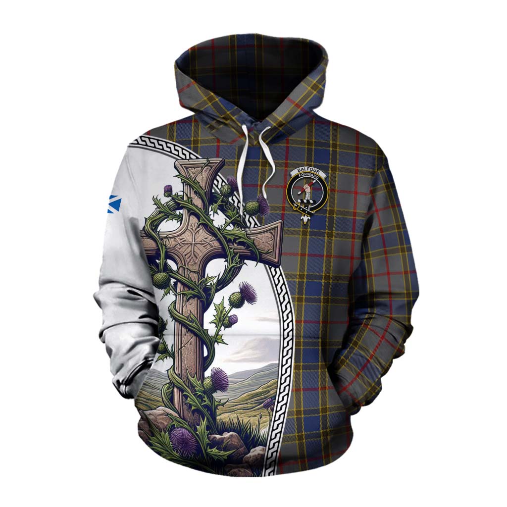 Tartan Vibes Clothing Balfour Tartan Cotton Hoodie with Family Crest and St. Andrew's Cross Accented by Thistle Vines