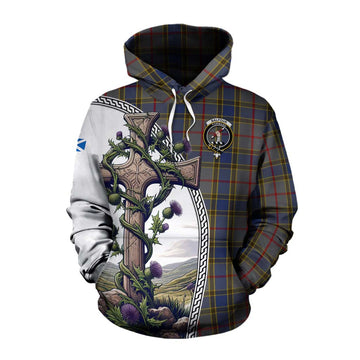Balfour Tartan Cotton Hoodie with Family Crest and St. Andrew's Cross Accented by Thistle Vines