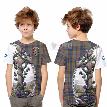 Tartan Vibes Clothing Balfour Tartan Kid T-Shirt with Family Crest and St. Andrew's Cross Accented by Thistle Vines