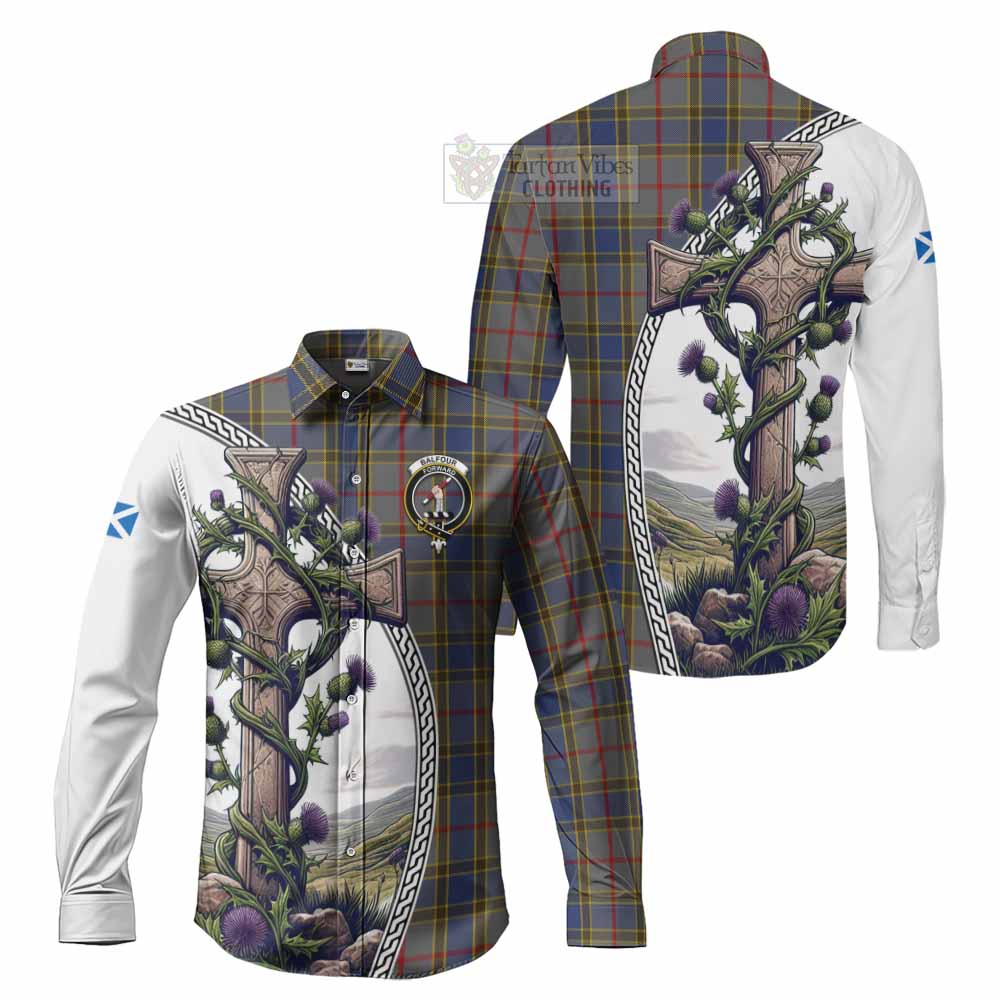 Tartan Vibes Clothing Balfour Tartan Long Sleeve Button Shirt with Family Crest and St. Andrew's Cross Accented by Thistle Vines