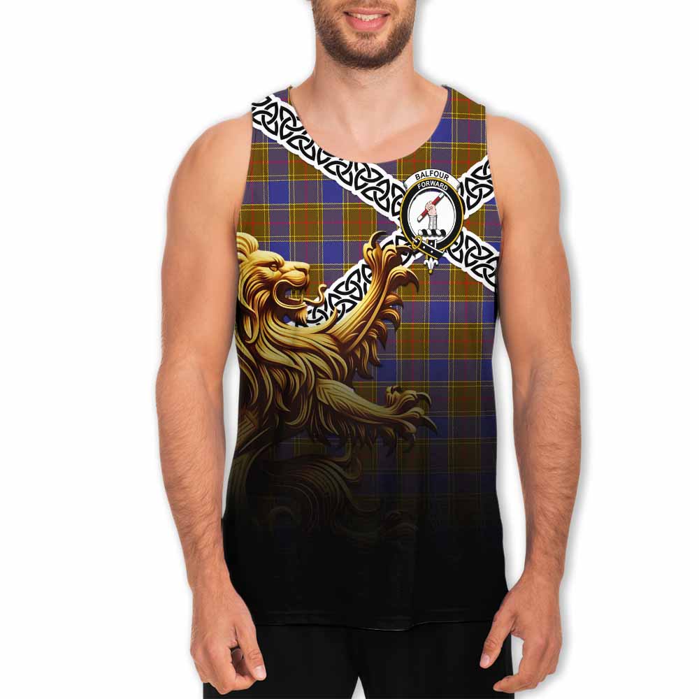Tartan Vibes Clothing Balfour Crest Tartan Men's Tank Top with Golden Lion Emblem Celtic Style