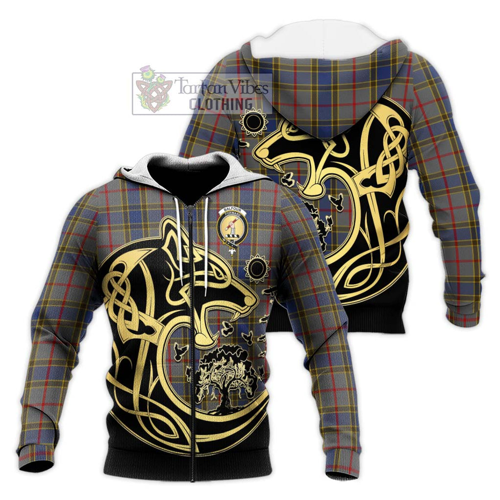 Balfour Tartan Knitted Hoodie with Family Crest Celtic Wolf Style Unisex Knitted Zip Hoodie - Tartan Vibes Clothing