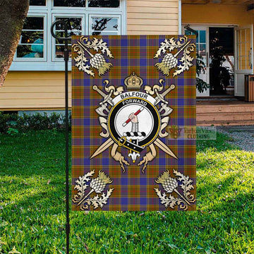 Tartan Vibes Clothing Balfour Tartan Flag with Family Crest and Golden Thistle Crossed Sword Design