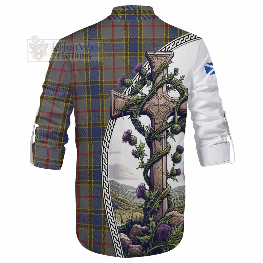 Tartan Vibes Clothing Balfour Tartan Ghillie Kilt Shirt with Family Crest and St. Andrew's Cross Accented by Thistle Vines