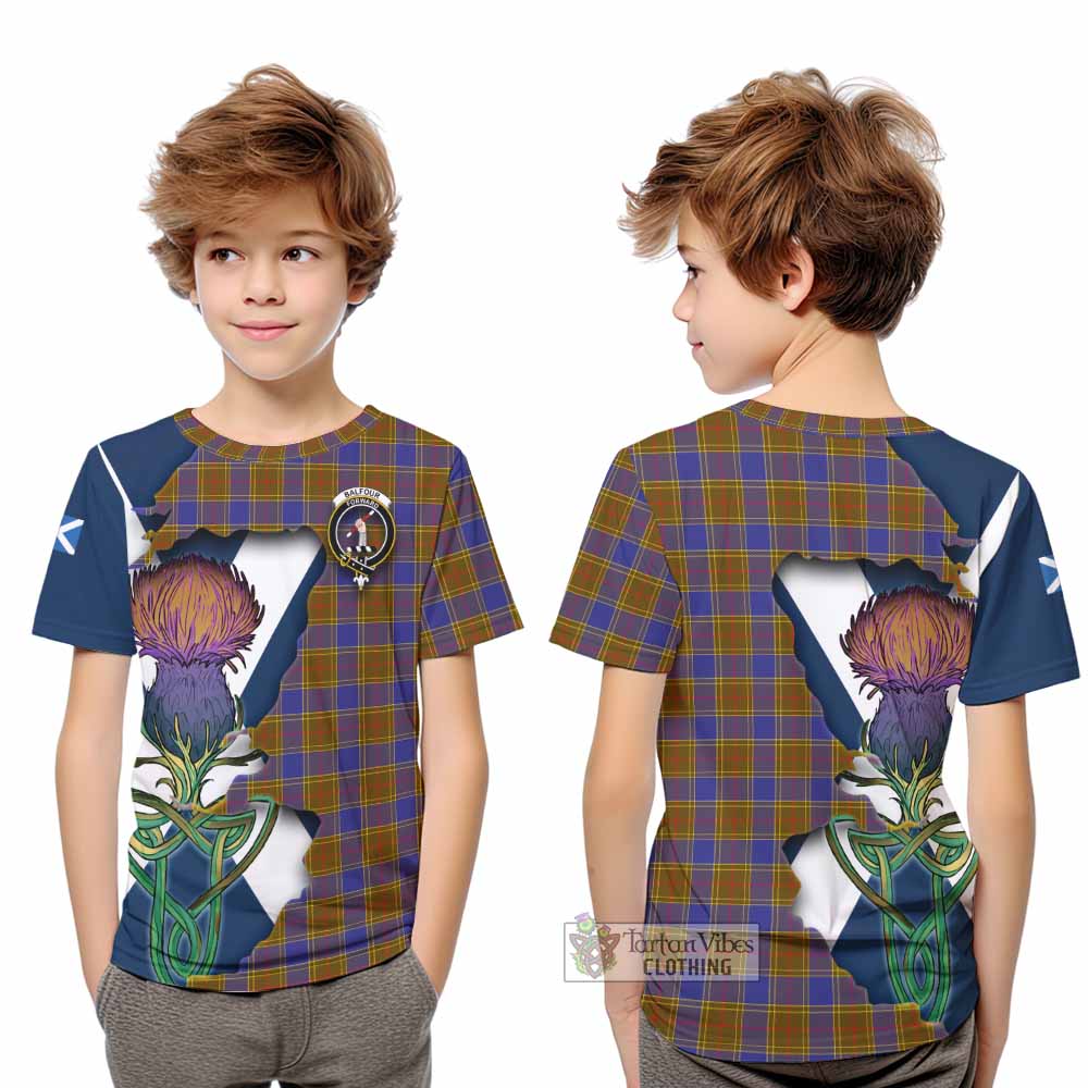 Tartan Vibes Clothing Balfour Tartan Family Crest Kid T-Shirt Scottish Thistle Celtic Inspired