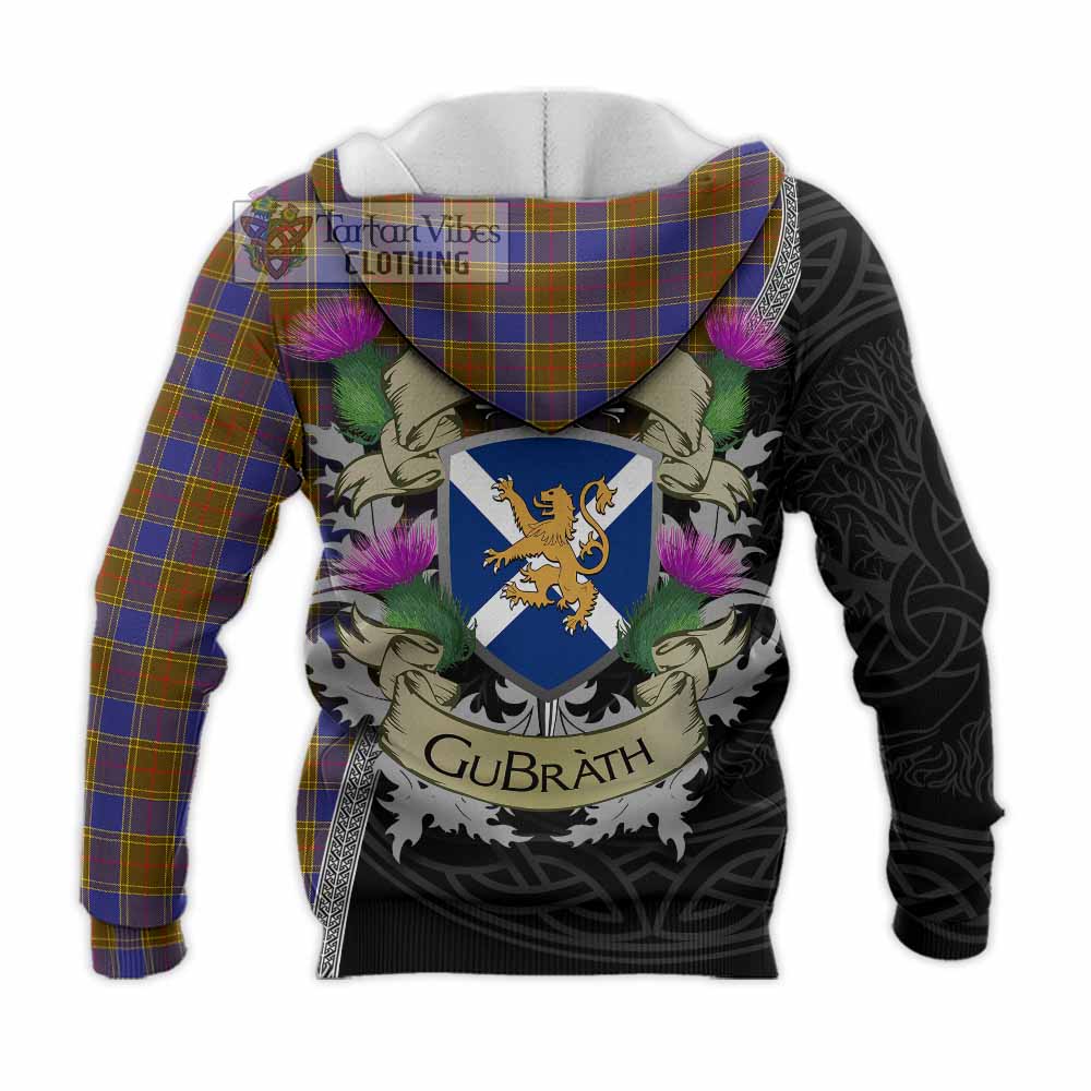 Tartan Vibes Clothing Balfour Tartan Family Crest Knitted Hoodie Lion Rampant Royal Thistle Shield Celtic Inspired