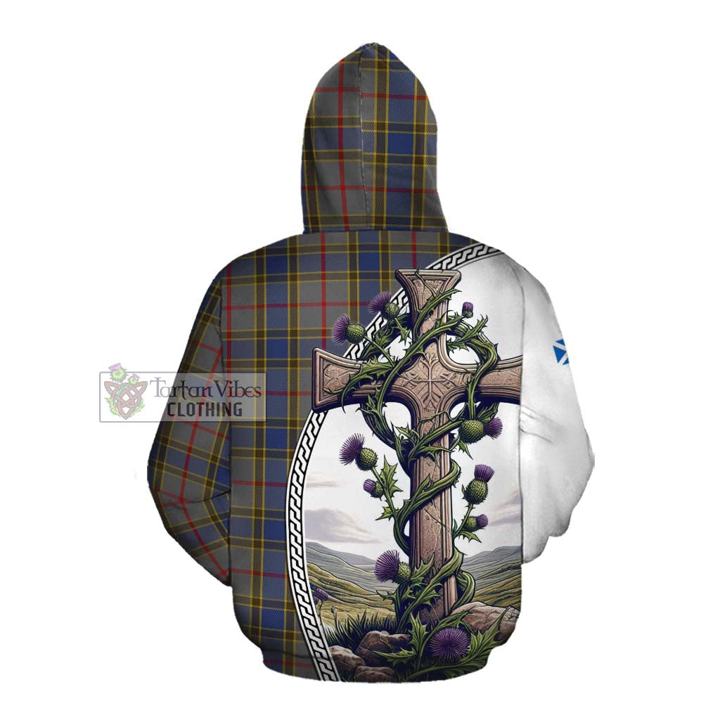 Tartan Vibes Clothing Balfour Tartan Cotton Hoodie with Family Crest and St. Andrew's Cross Accented by Thistle Vines