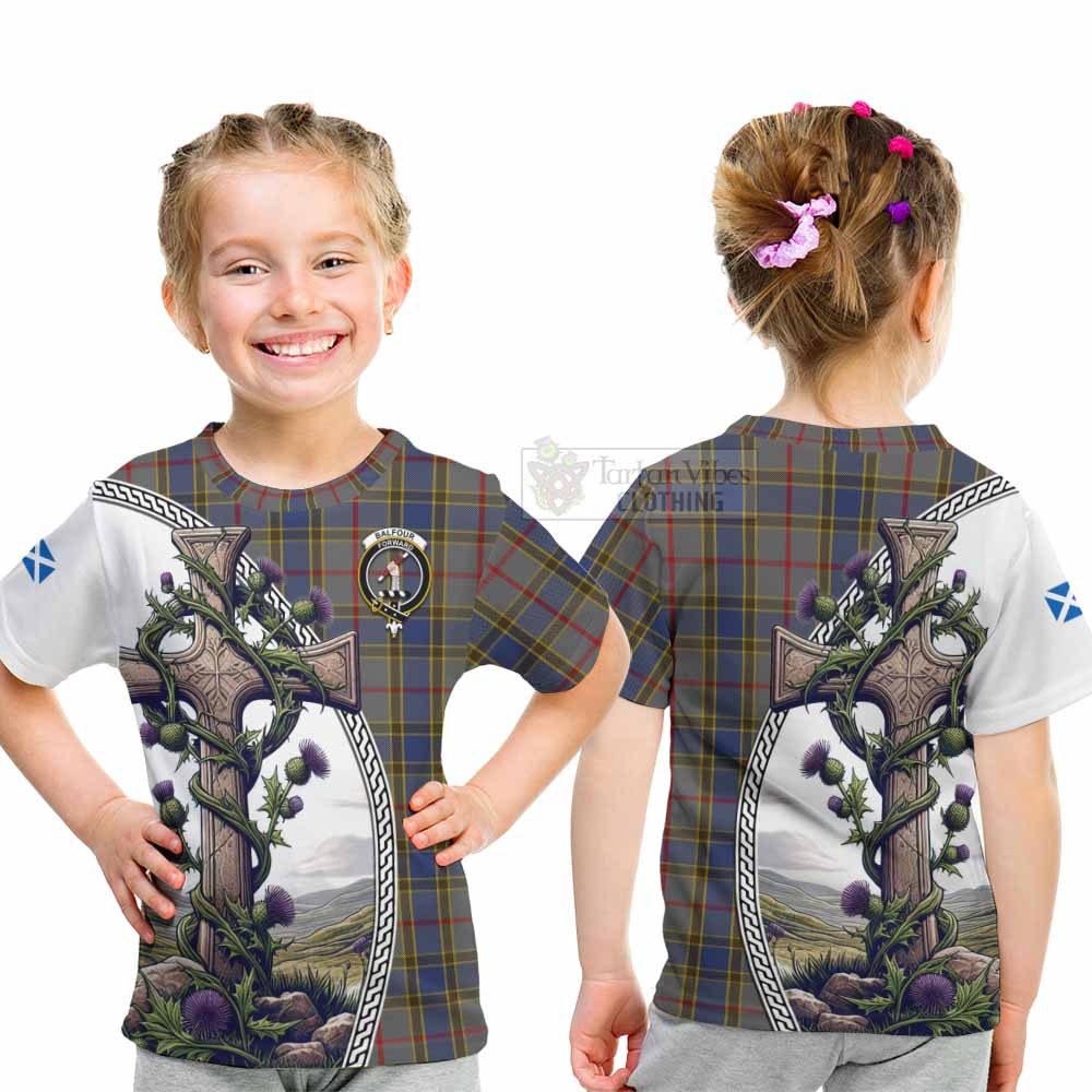 Tartan Vibes Clothing Balfour Tartan Kid T-Shirt with Family Crest and St. Andrew's Cross Accented by Thistle Vines