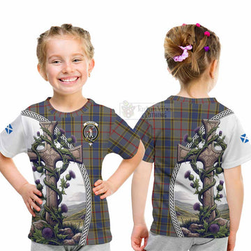Tartan Vibes Clothing Balfour Tartan Kid T-Shirt with Family Crest and St. Andrew's Cross Accented by Thistle Vines