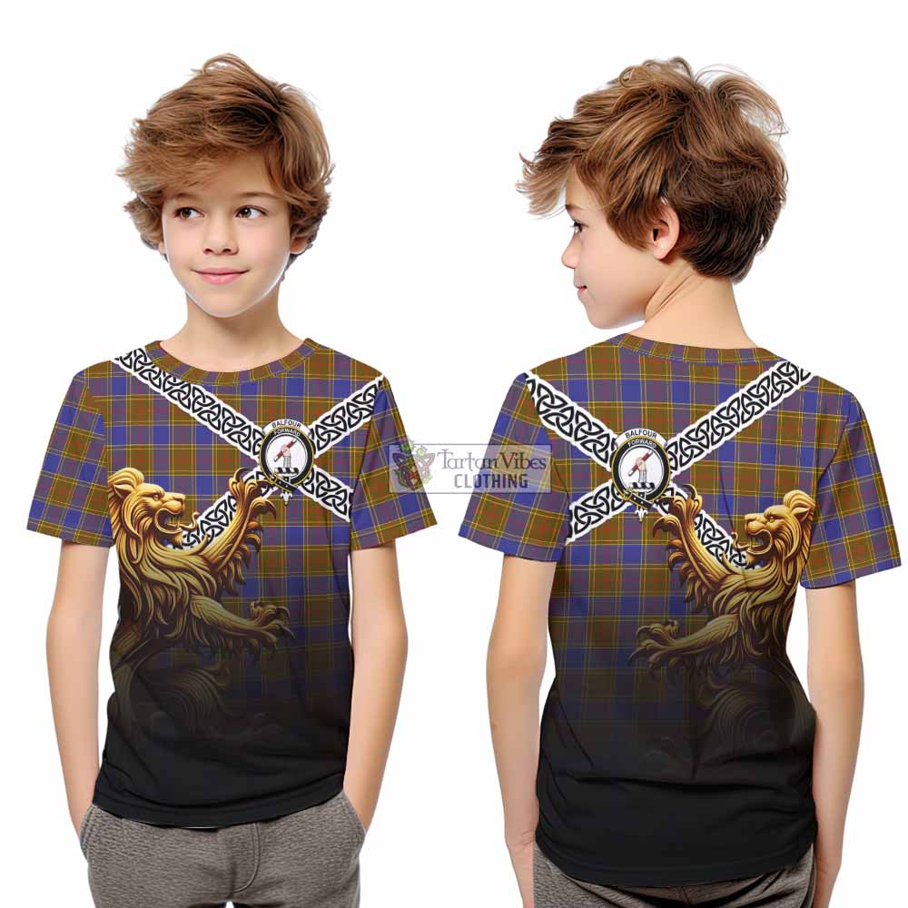Tartan Vibes Clothing Balfour Crest Tartan Kid T-Shirt with Golden Lion Emblem Celtic Style