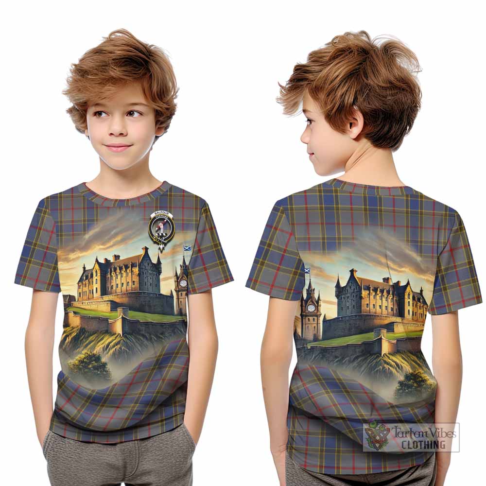 Tartan Vibes Clothing Balfour Tartan Family Crest Kid T-Shirt with Scottish Ancient Castle Style