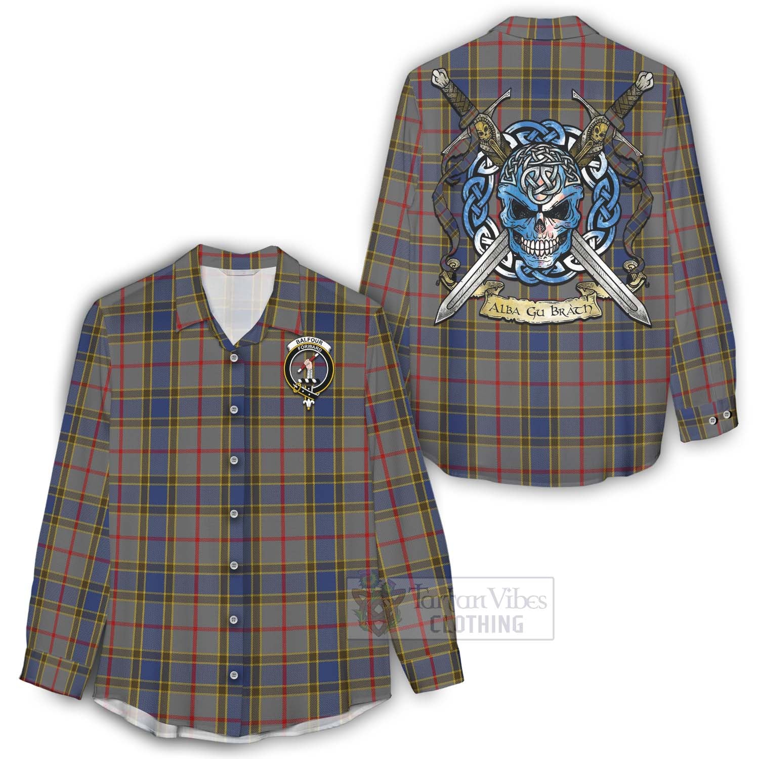 Tartan Vibes Clothing Balfour Tartan Women's Casual Shirt with Family Crest Celtic Skull Style