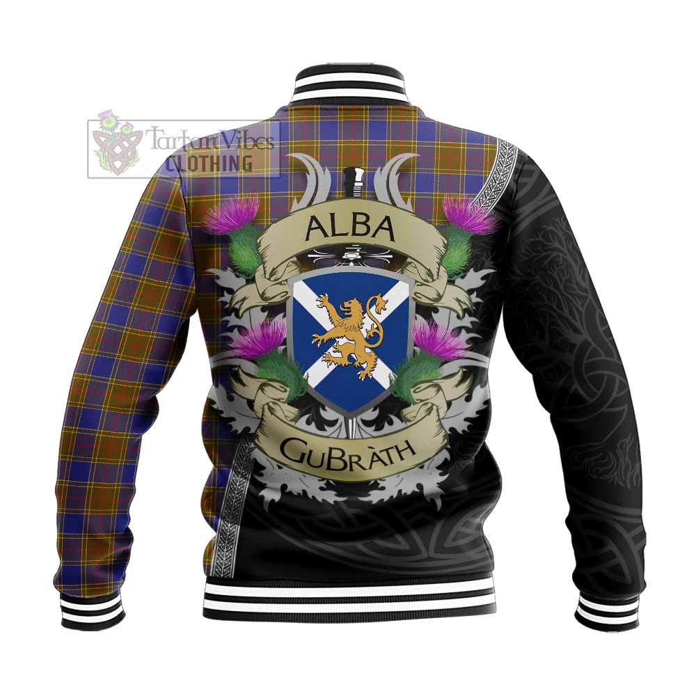 Tartan Vibes Clothing Balfour Tartan Family Crest Baseball Jacket Lion Rampant Royal Thistle Shield Celtic Inspired