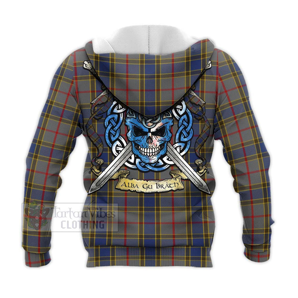 Tartan Vibes Clothing Balfour Tartan Knitted Hoodie with Family Crest Celtic Skull Style