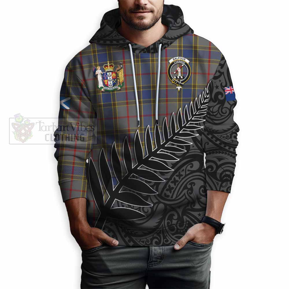 Tartan Vibes Clothing Balfour Crest Tartan Hoodie with New Zealand Silver Fern Half Style