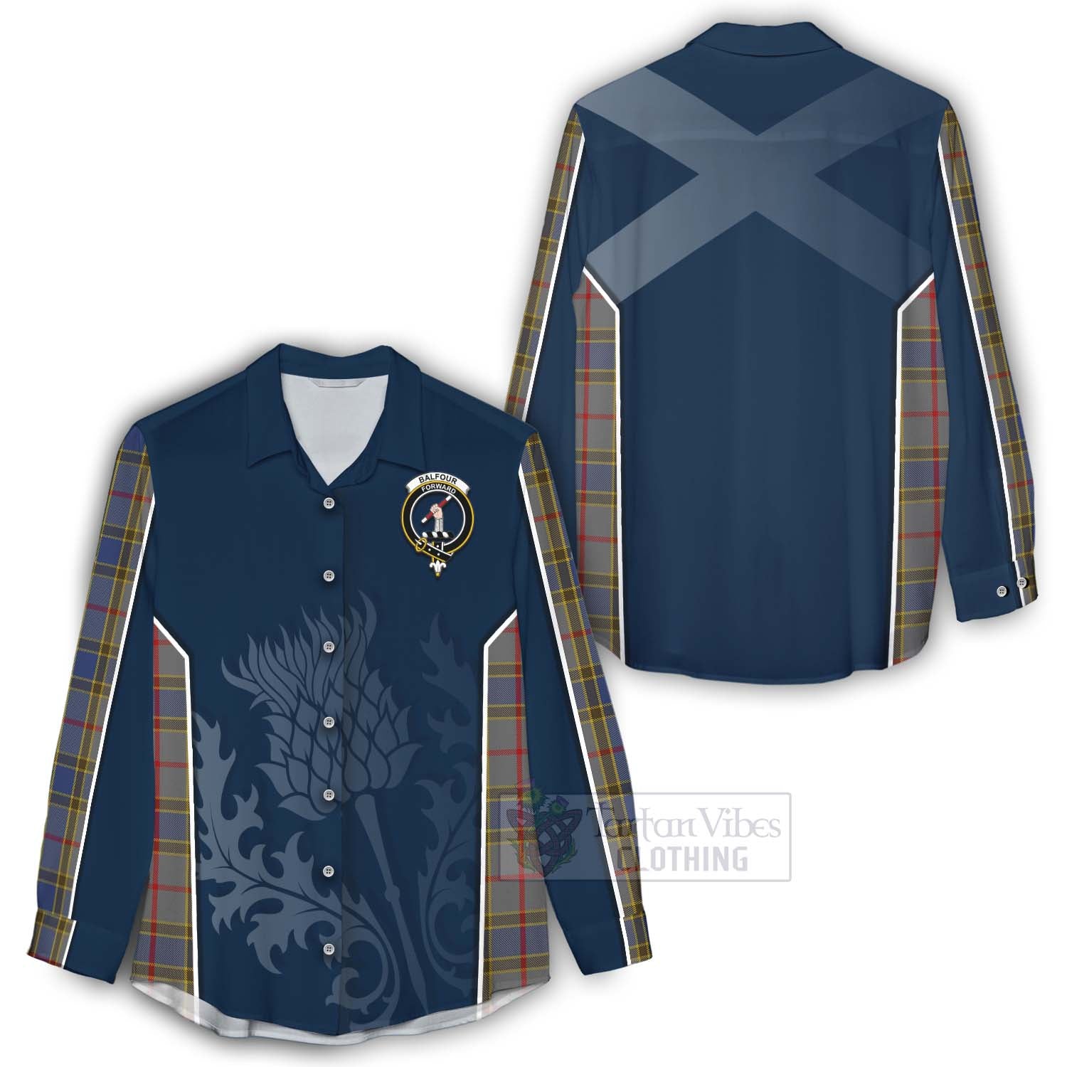 Tartan Vibes Clothing Balfour Tartan Women's Casual Shirt with Family Crest and Scottish Thistle Vibes Sport Style