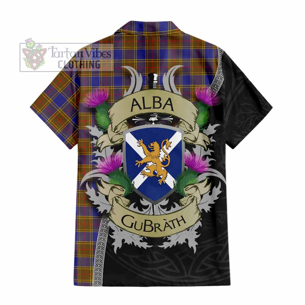 Tartan Vibes Clothing Balfour Tartan Family Crest Short Sleeve Button Shirt Lion Rampant Royal Thistle Shield Celtic Inspired
