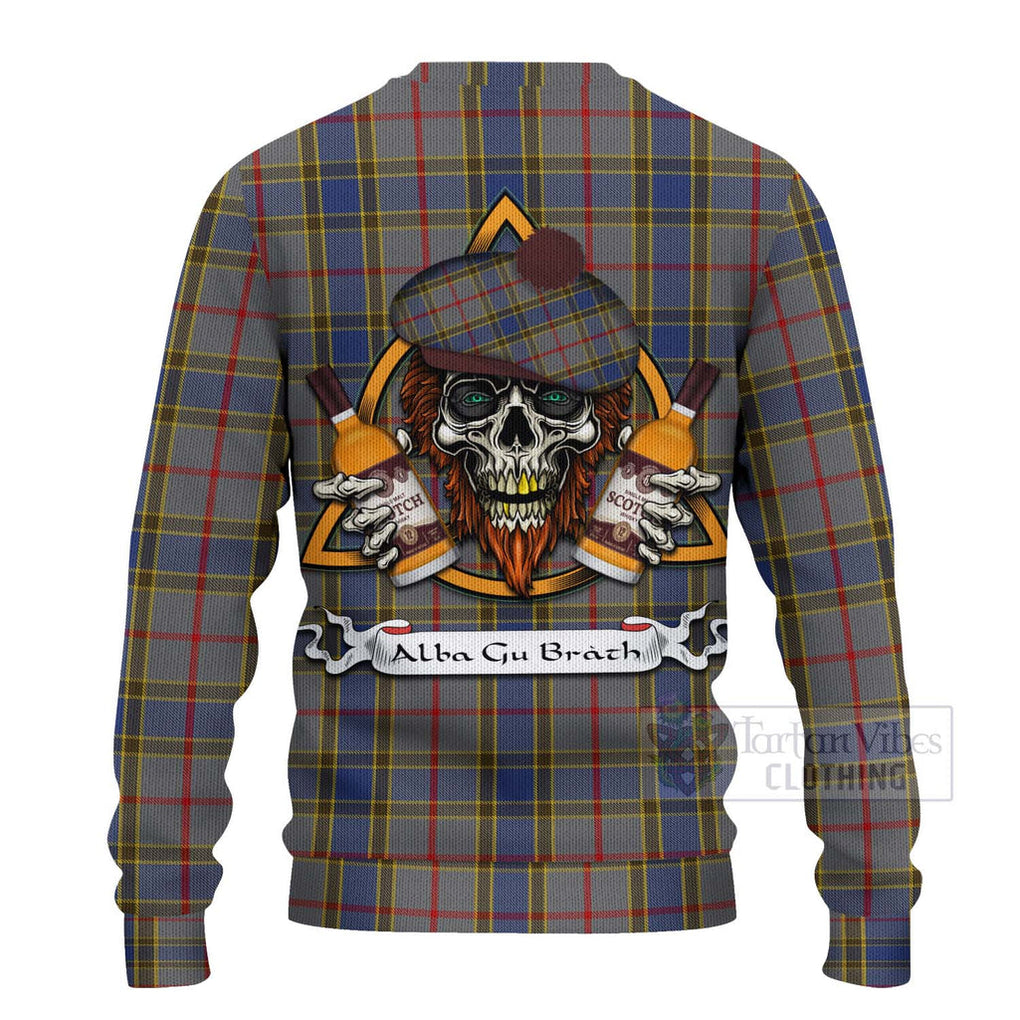 Tartan Vibes Clothing Balfour Tartan Knitted Sweater with Family Crest and Bearded Skull Holding Bottles of Whiskey