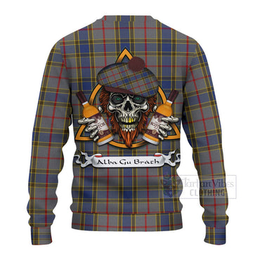 Tartan Vibes Clothing Balfour Tartan Knitted Sweater with Family Crest and Bearded Skull Holding Bottles of Whiskey