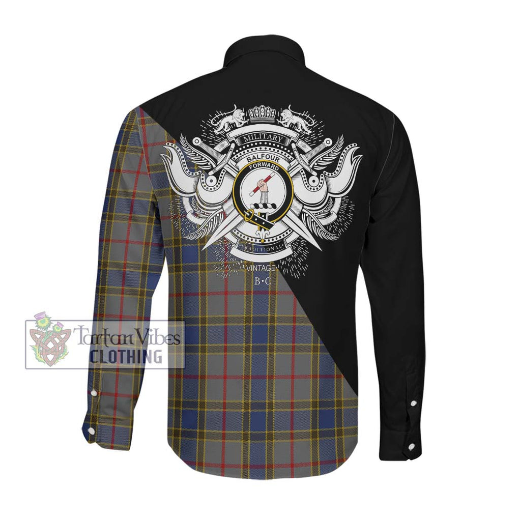 Balfour Tartan Long Sleeve Button Shirt with Family Crest and Military Logo Style Men's Shirt - Tartanvibesclothing Shop