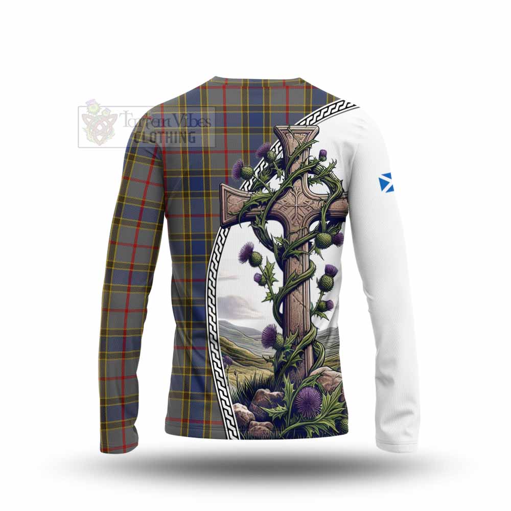 Tartan Vibes Clothing Balfour Tartan Long Sleeve T-Shirt with Family Crest and St. Andrew's Cross Accented by Thistle Vines