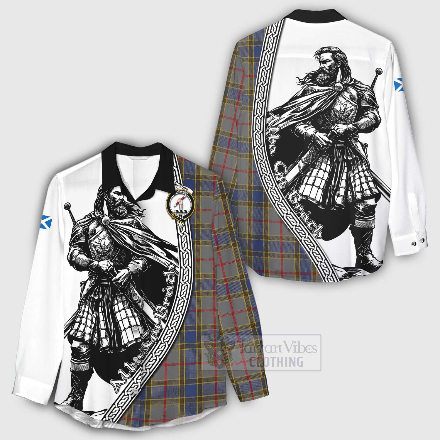 Tartan Vibes Clothing Balfour Tartan Clan Crest Women's Casual Shirt with Highlander Warrior Celtic Style