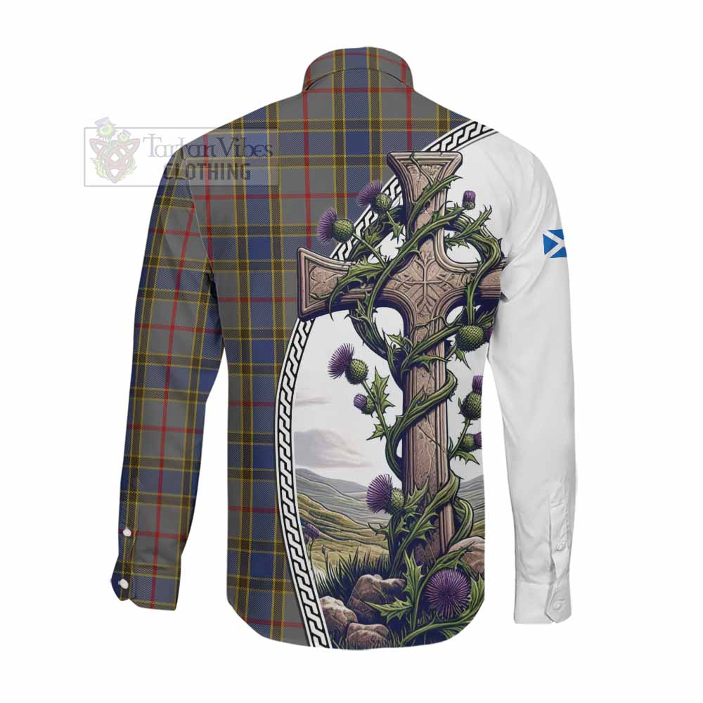 Tartan Vibes Clothing Balfour Tartan Long Sleeve Button Shirt with Family Crest and St. Andrew's Cross Accented by Thistle Vines