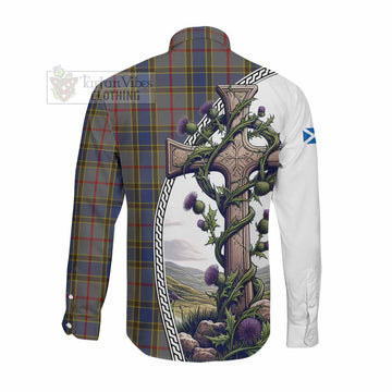 Balfour Tartan Long Sleeve Button Shirt with Family Crest and St. Andrew's Cross Accented by Thistle Vines