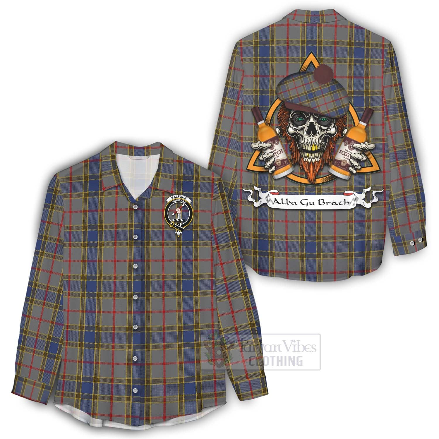 Tartan Vibes Clothing Balfour Tartan Women's Casual Shirt with Family Crest and Bearded Skull Holding Bottles of Whiskey
