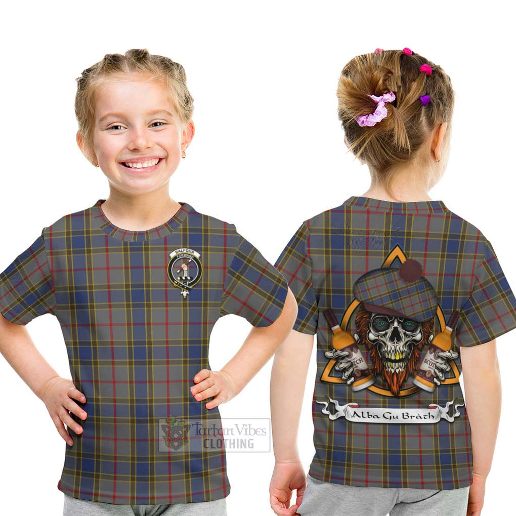 Tartan Vibes Clothing Balfour Tartan Kid T-Shirt with Family Crest and Bearded Skull Holding Bottles of Whiskey