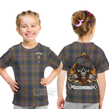 Tartan Vibes Clothing Balfour Tartan Kid T-Shirt with Family Crest and Bearded Skull Holding Bottles of Whiskey