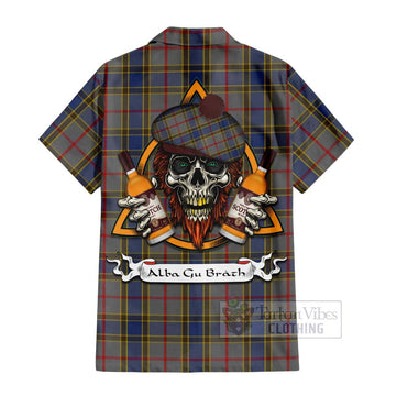 Balfour Tartan Hawaiian Shirt with Family Crest and Bearded Skull Holding Bottles of Whiskey