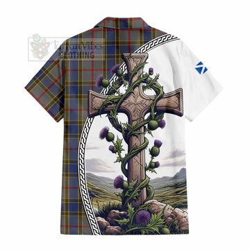 Balfour Tartan Hawaiian Shirt with Family Crest and St. Andrew's Cross Accented by Thistle Vines