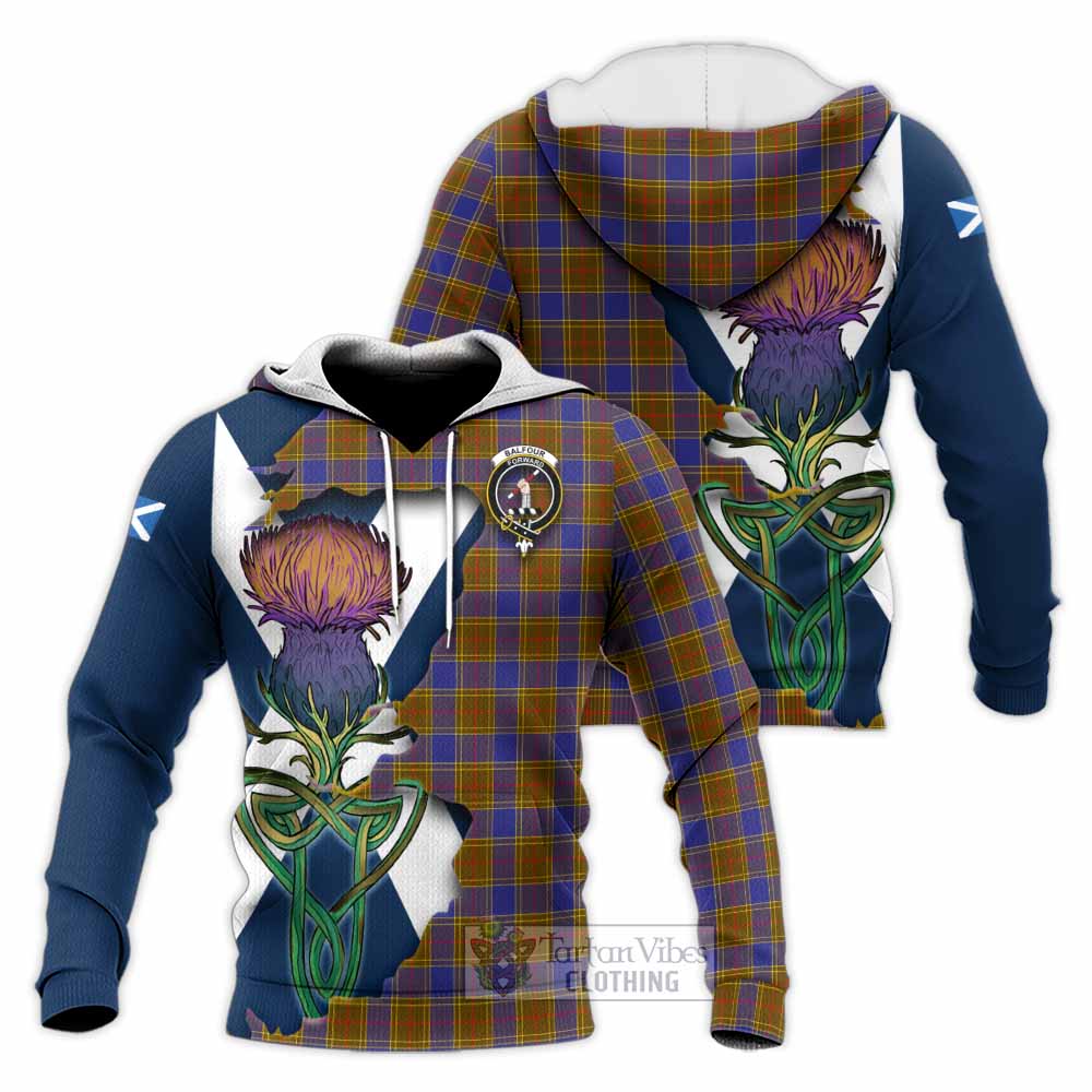 Tartan Vibes Clothing Balfour Tartan Family Crest Knitted Hoodie Scottish Thistle Celtic Inspired