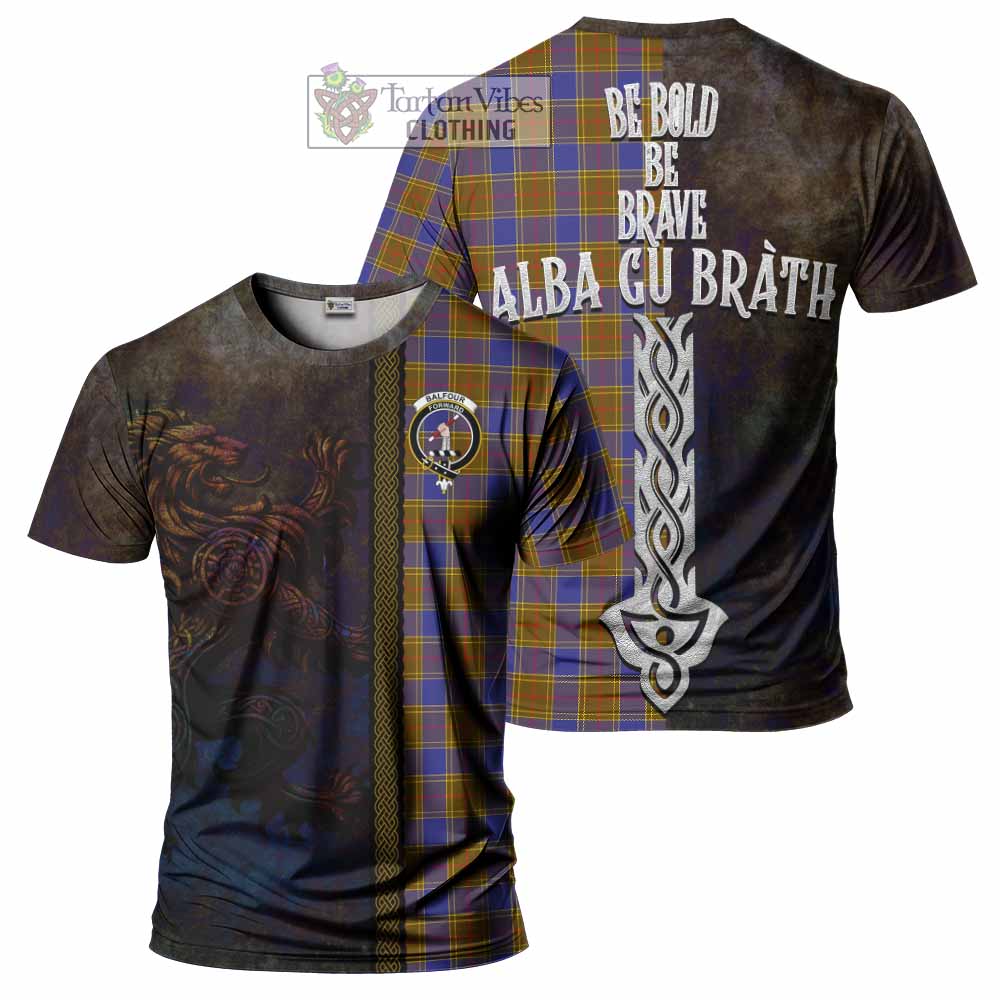 Tartan Vibes Clothing Balfour Tartan Family Crest T-Shirt Alba Gu Brath Be Brave Lion Ancient Style