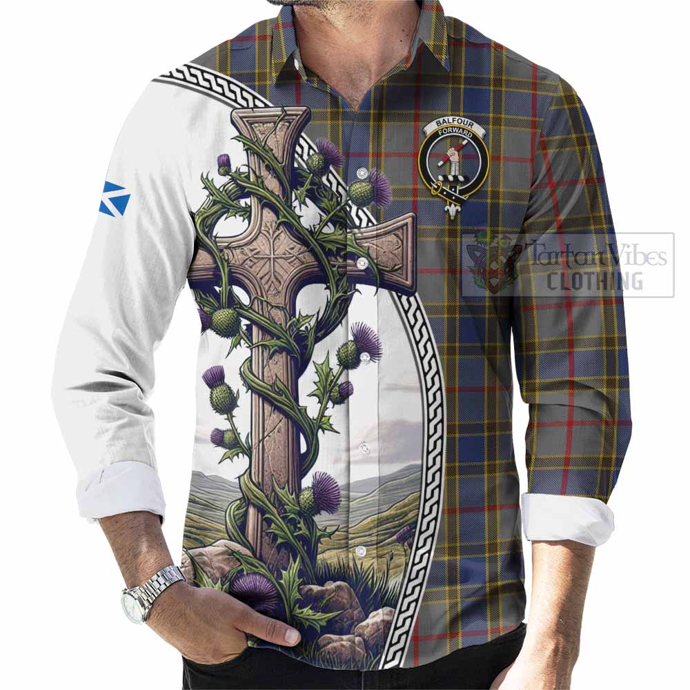Tartan Vibes Clothing Balfour Tartan Long Sleeve Button Shirt with Family Crest and St. Andrew's Cross Accented by Thistle Vines