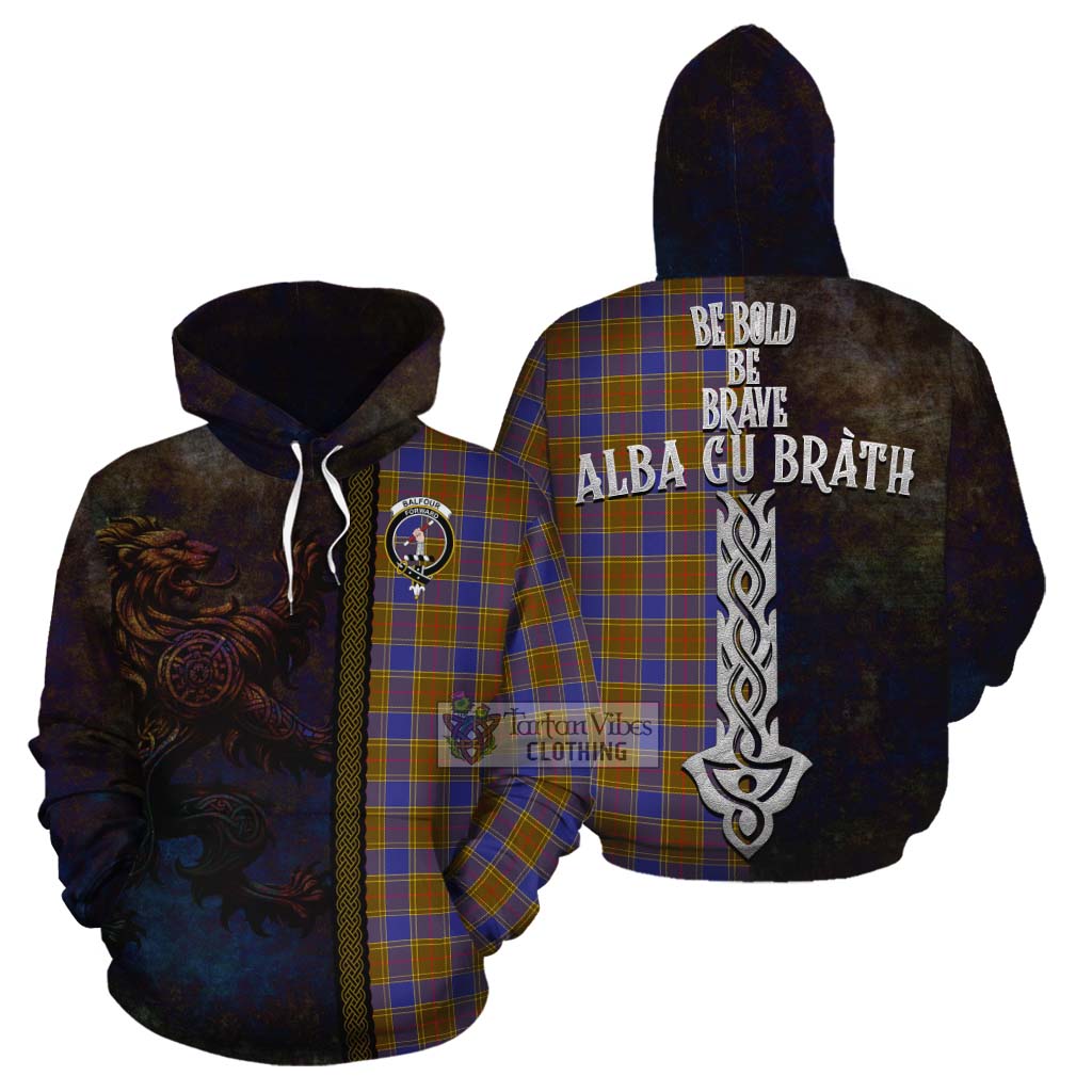 Tartan Vibes Clothing Balfour Tartan Family Crest Cotton Hoodie Alba Gu Brath Be Brave Lion Ancient Style