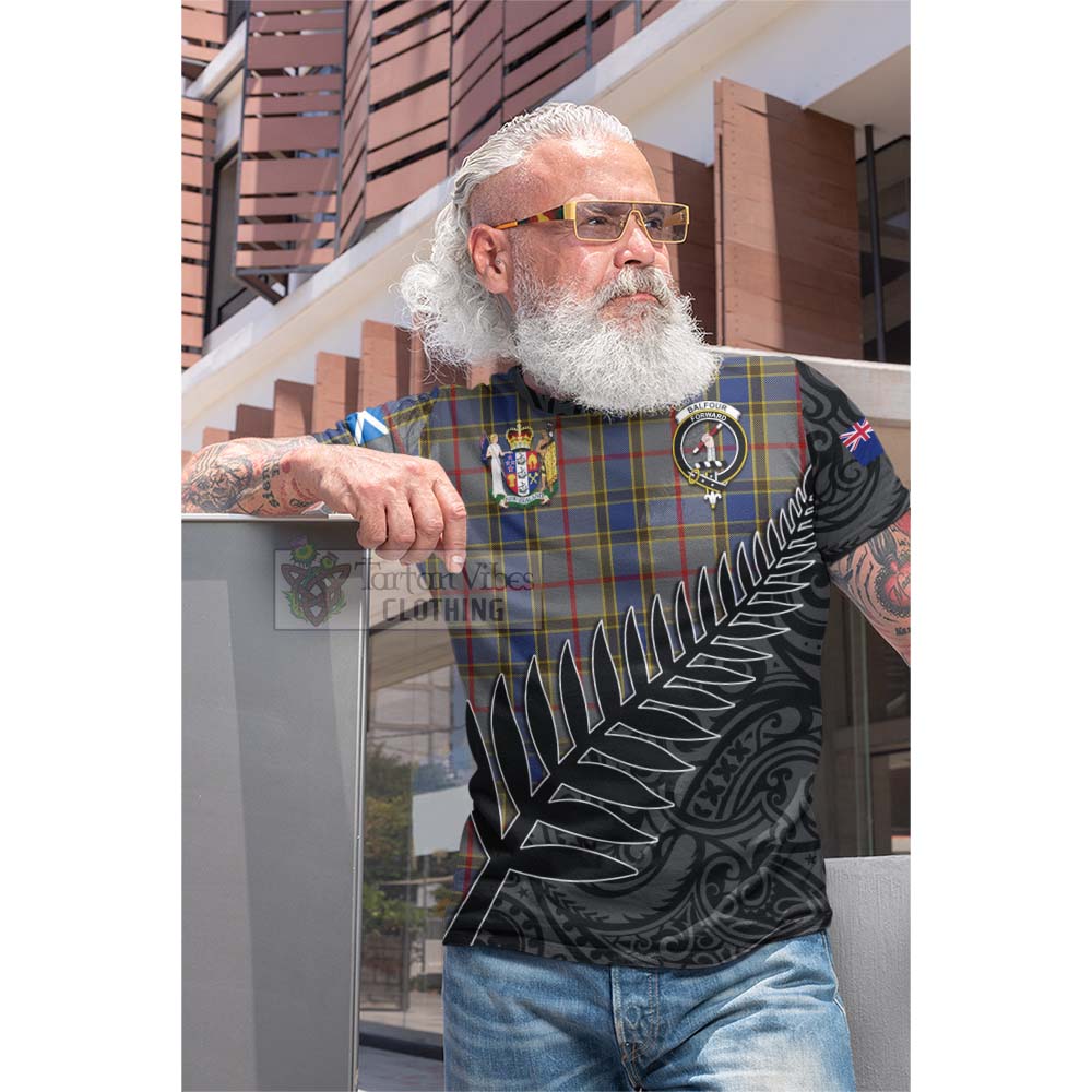Tartan Vibes Clothing Balfour Crest Tartan Cotton T-shirt with New Zealand Silver Fern Half Style