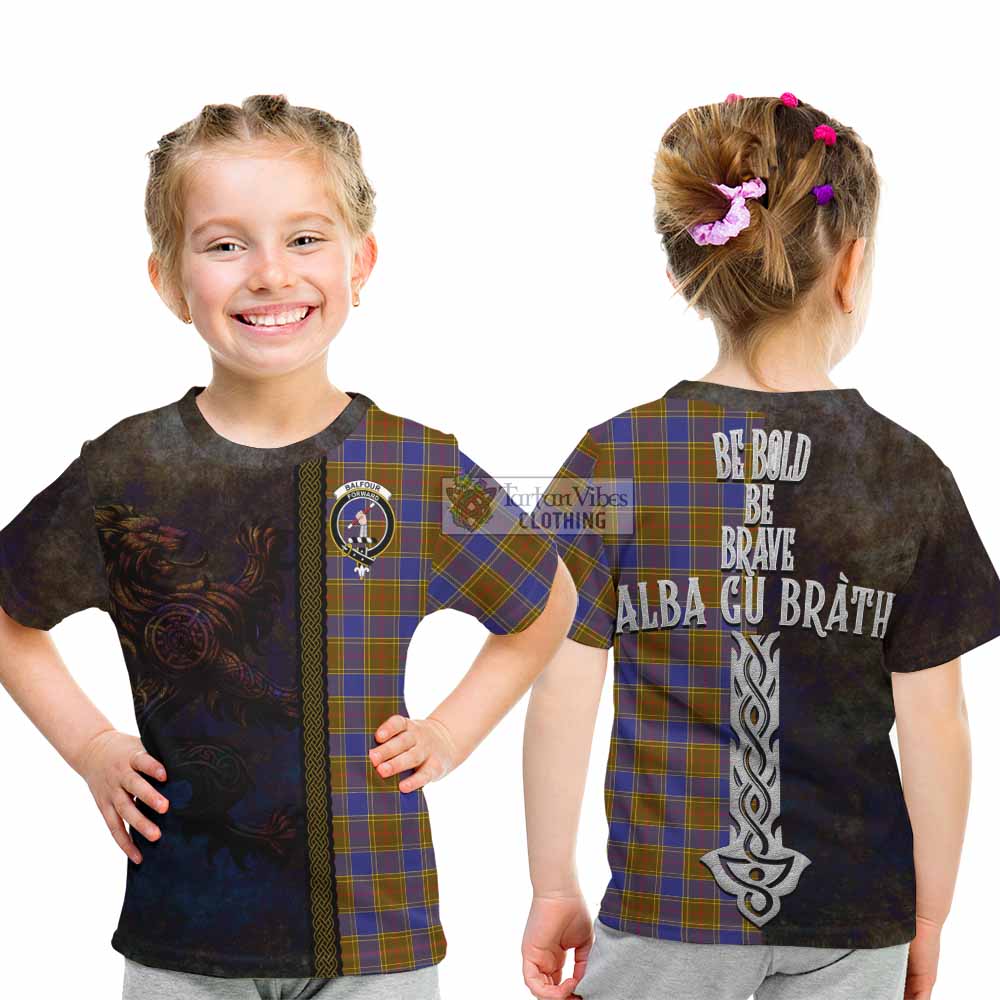 Tartan Vibes Clothing Balfour Tartan Family Crest Kid T-Shirt Alba Gu Brath Be Brave Lion Ancient Style
