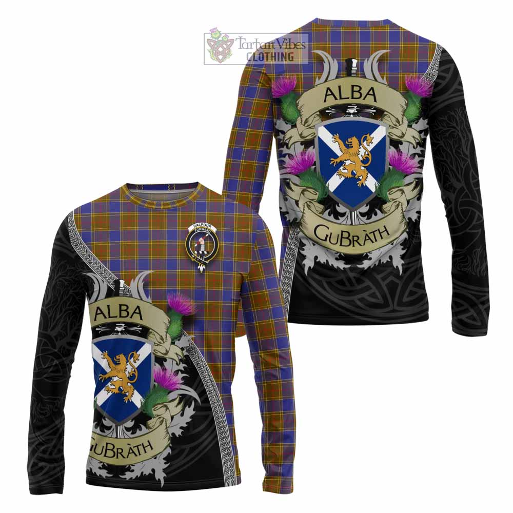 Tartan Vibes Clothing Balfour Tartan Family Crest Long Sleeve T-Shirt Lion Rampant Royal Thistle Shield Celtic Inspired