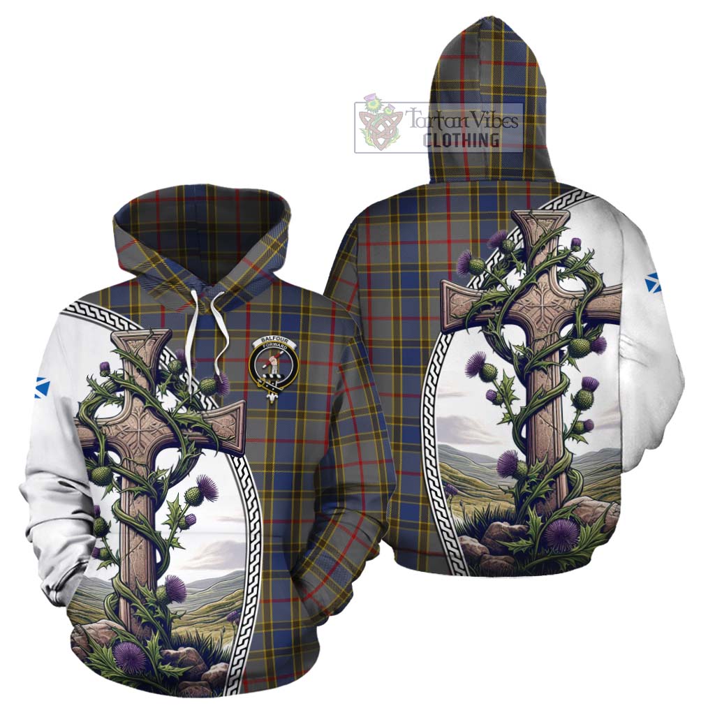 Tartan Vibes Clothing Balfour Tartan Cotton Hoodie with Family Crest and St. Andrew's Cross Accented by Thistle Vines