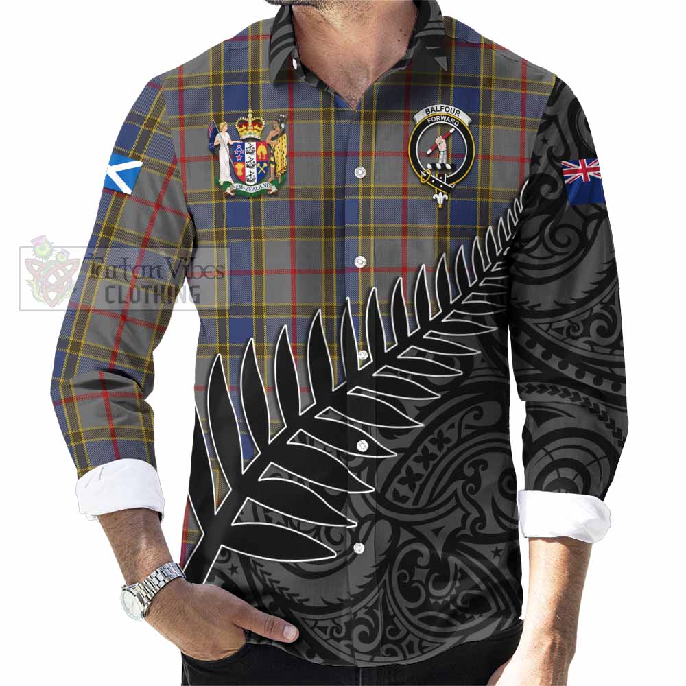 Tartan Vibes Clothing Balfour Crest Tartan Long Sleeve Button Shirt with New Zealand Silver Fern Half Style