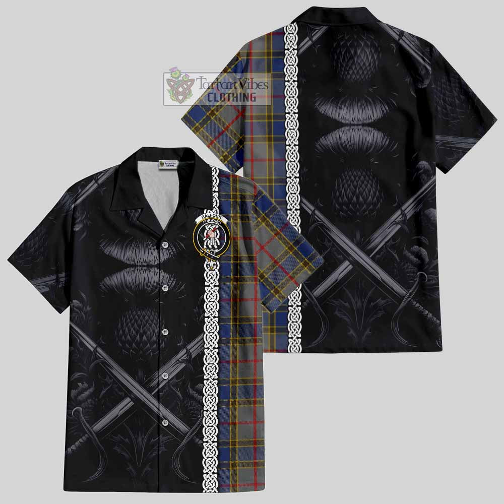 Tartan Vibes Clothing Balfour Tartan Short Sleeve Button Shirt with Family Crest Cross Sword Thistle Celtic Vibes