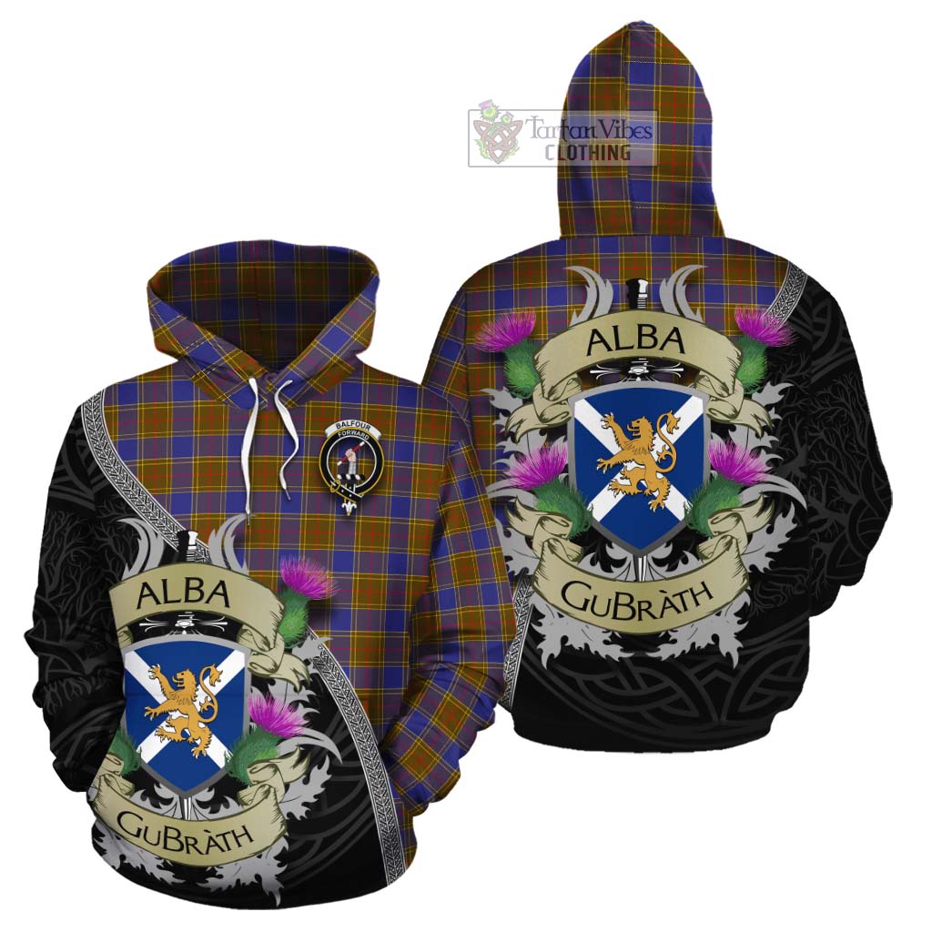 Tartan Vibes Clothing Balfour Tartan Family Crest Cotton Hoodie Lion Rampant Royal Thistle Shield Celtic Inspired