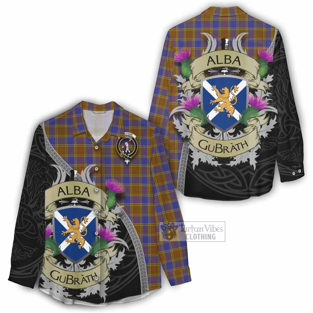 Tartan Vibes Clothing Balfour Tartan Family Crest Women's Casual Shirt Lion Rampant Royal Thistle Shield Celtic Inspired