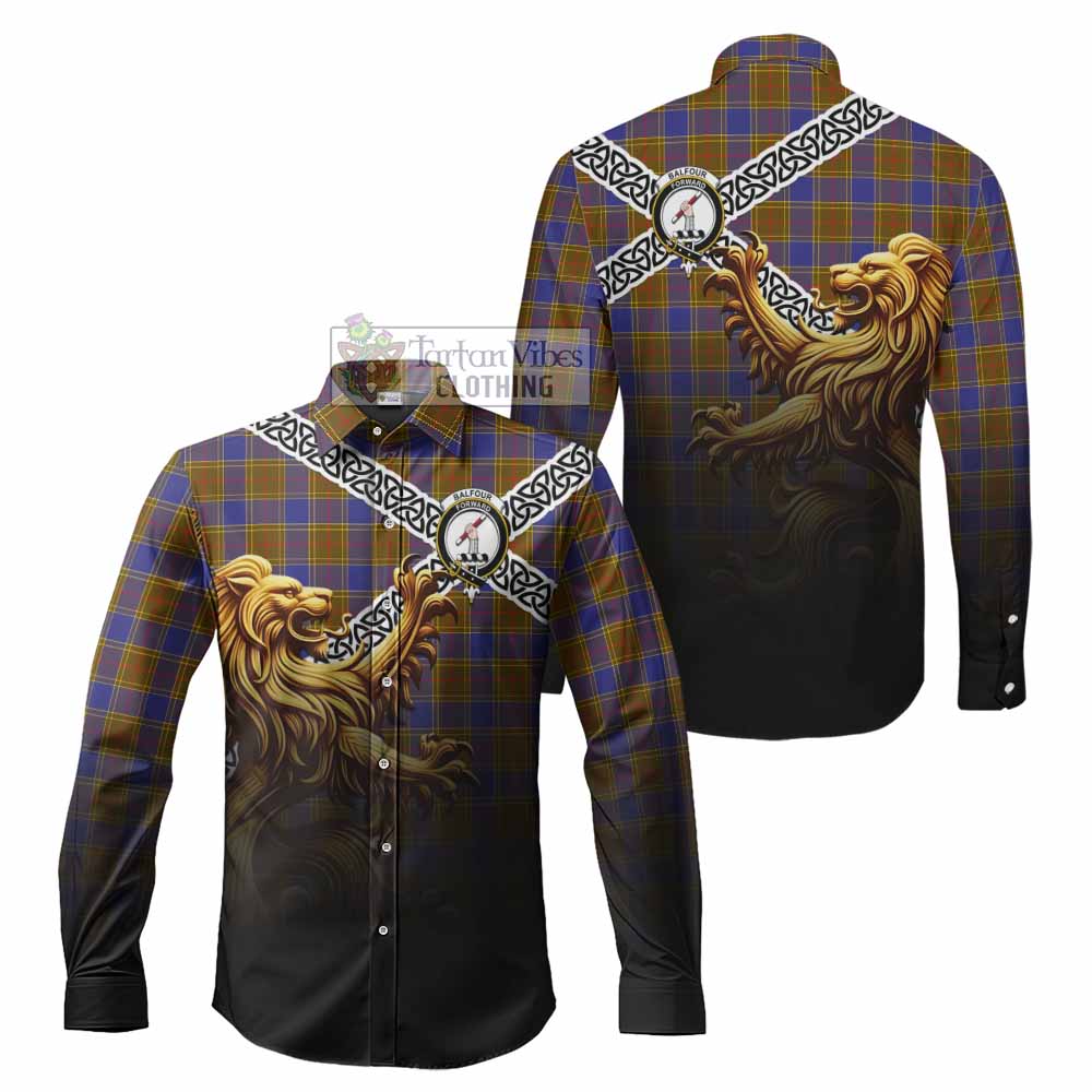 Tartan Vibes Clothing Balfour Crest Tartan Long Sleeve Button Shirt with Golden Lion Emblem Celtic Style