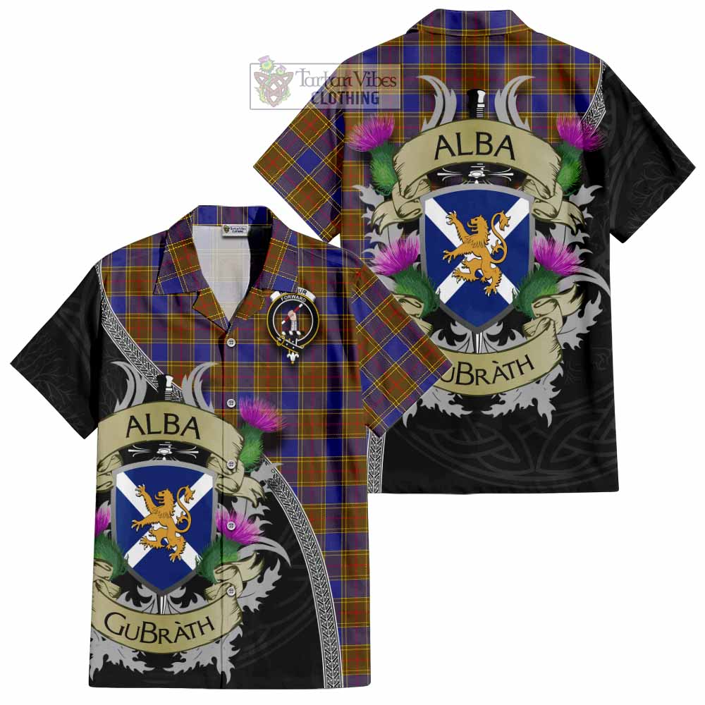 Tartan Vibes Clothing Balfour Tartan Family Crest Short Sleeve Button Shirt Lion Rampant Royal Thistle Shield Celtic Inspired