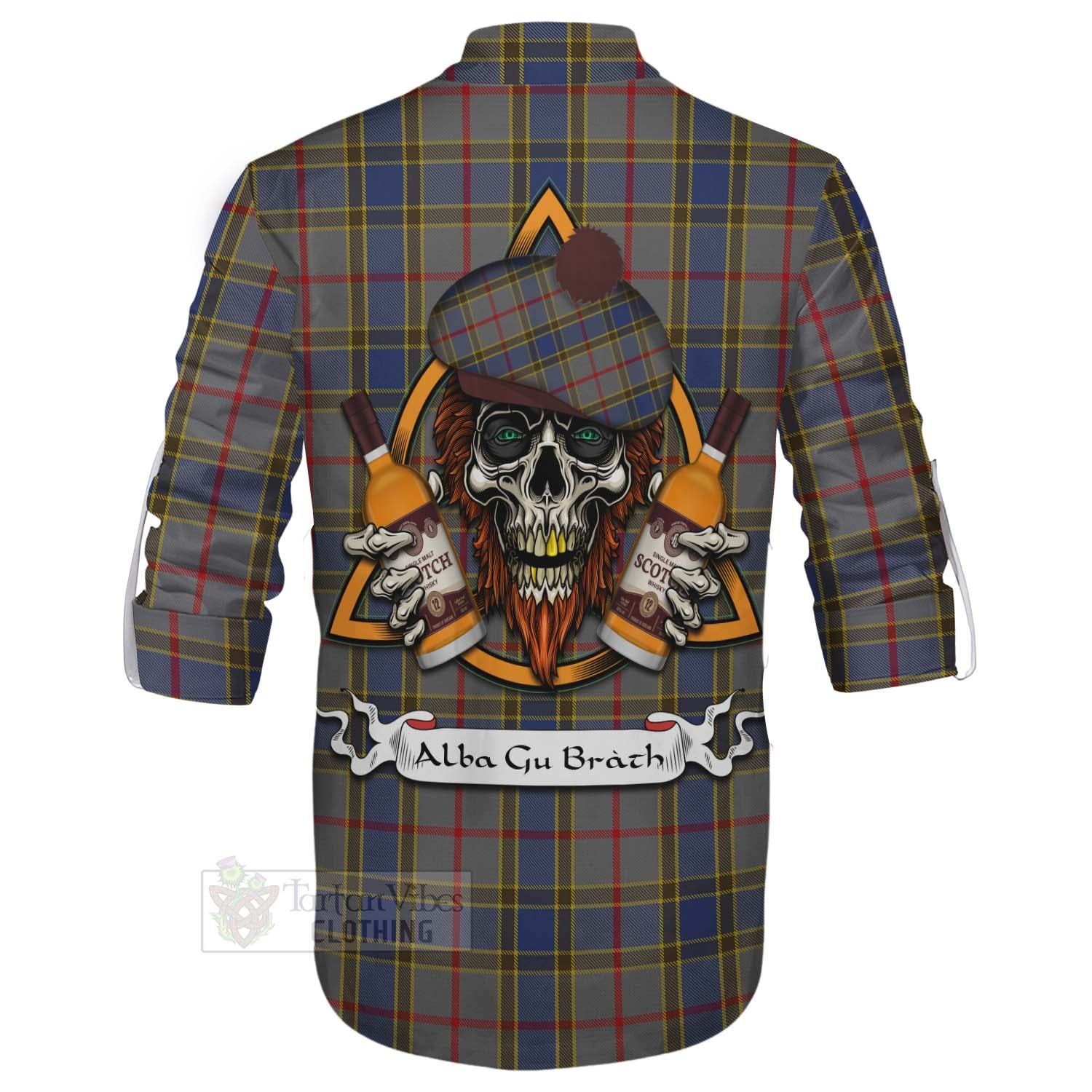 Tartan Vibes Clothing Balfour Tartan Ghillie Kilt Shirt with Family Crest and Bearded Skull Holding Bottles of Whiskey